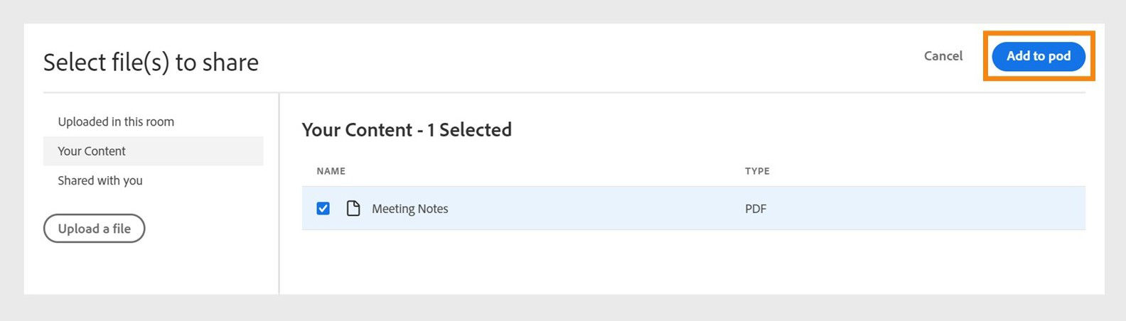 Add File interface showing options to upload a file either from the Content Library or directly from the user's device.