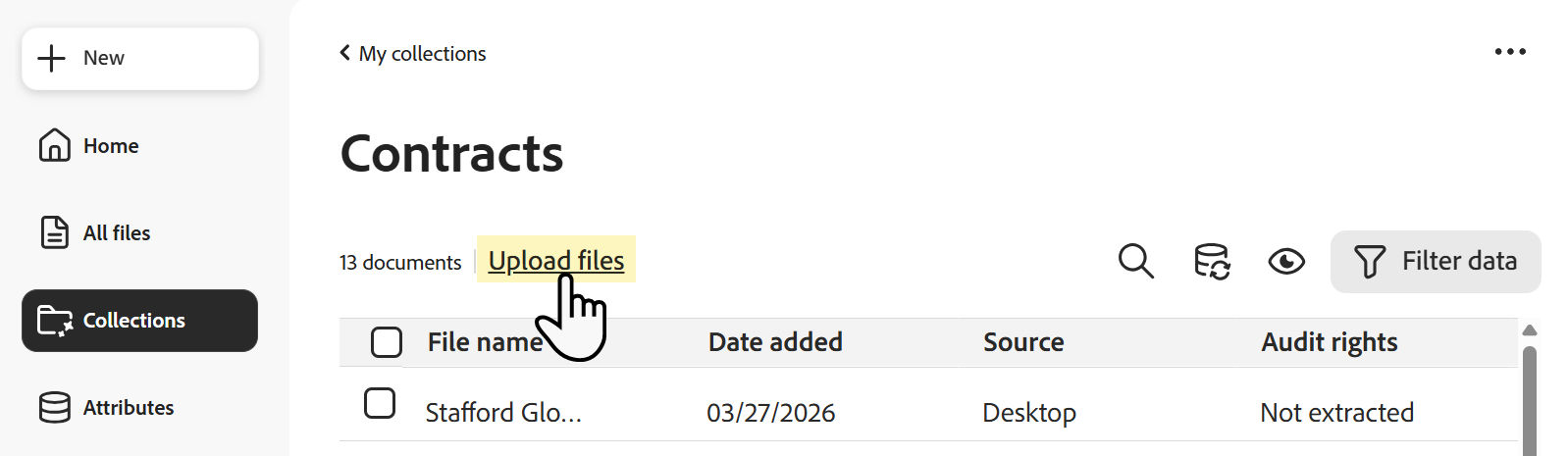 The Collection opened and the Upload files button highlighted