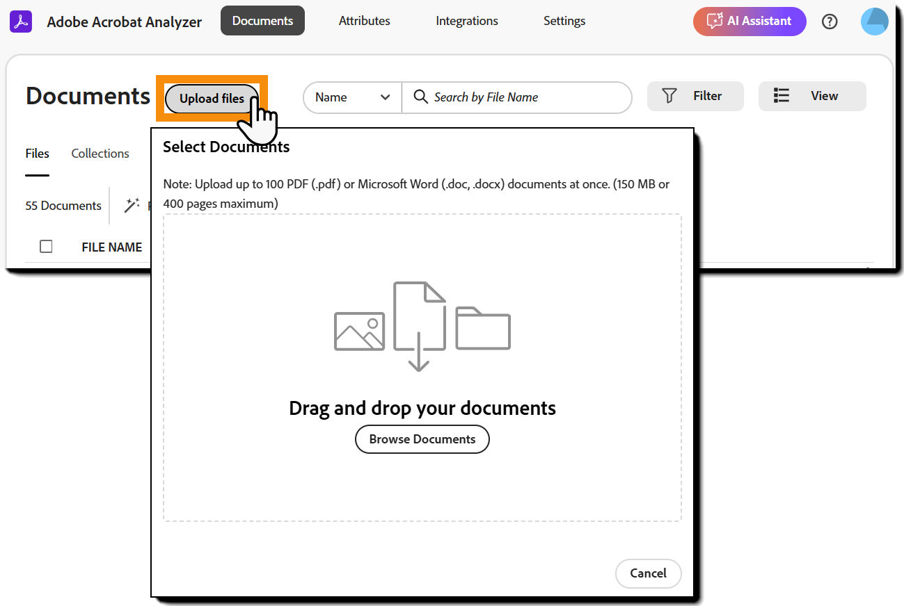 The Documents page with the upload files interface exposed.