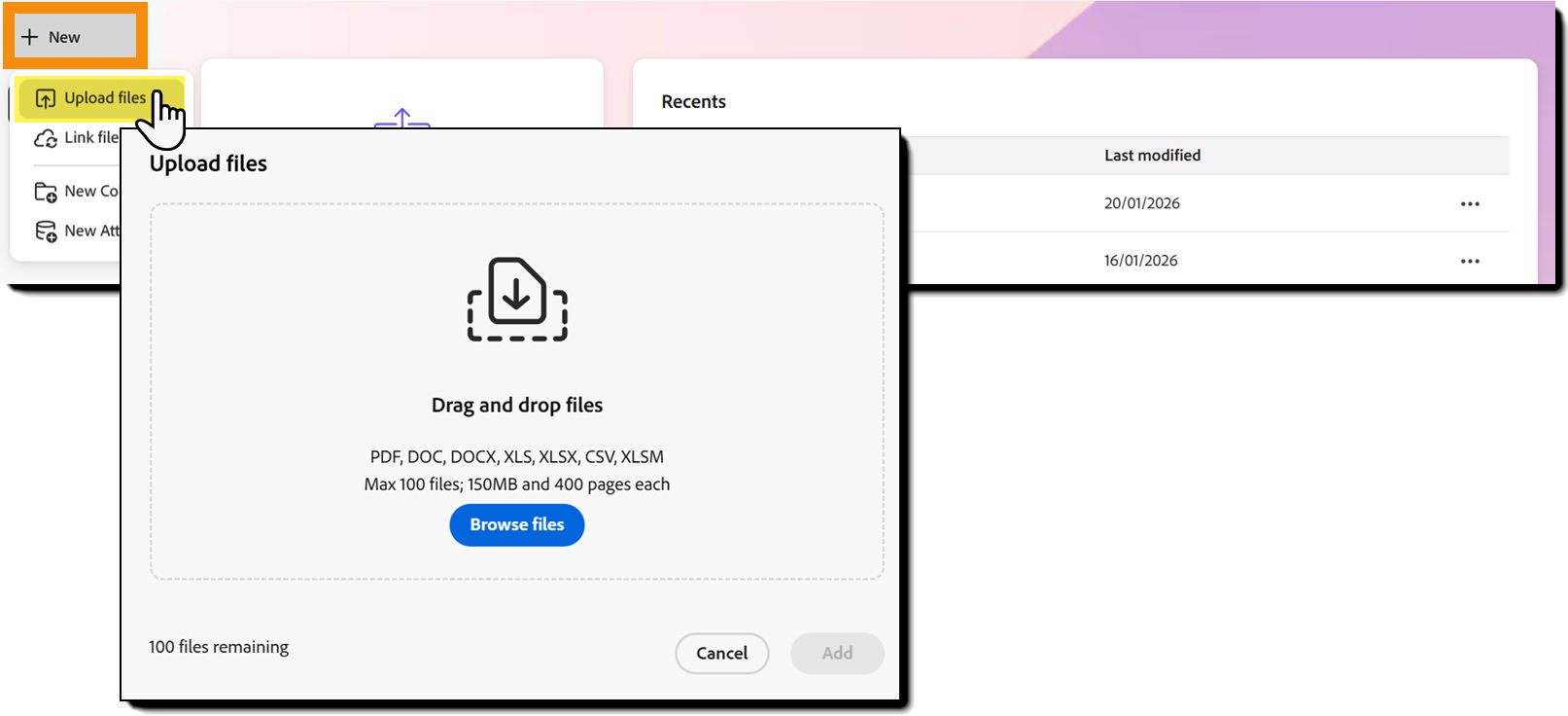 The Documents page with the upload files interface exposed.