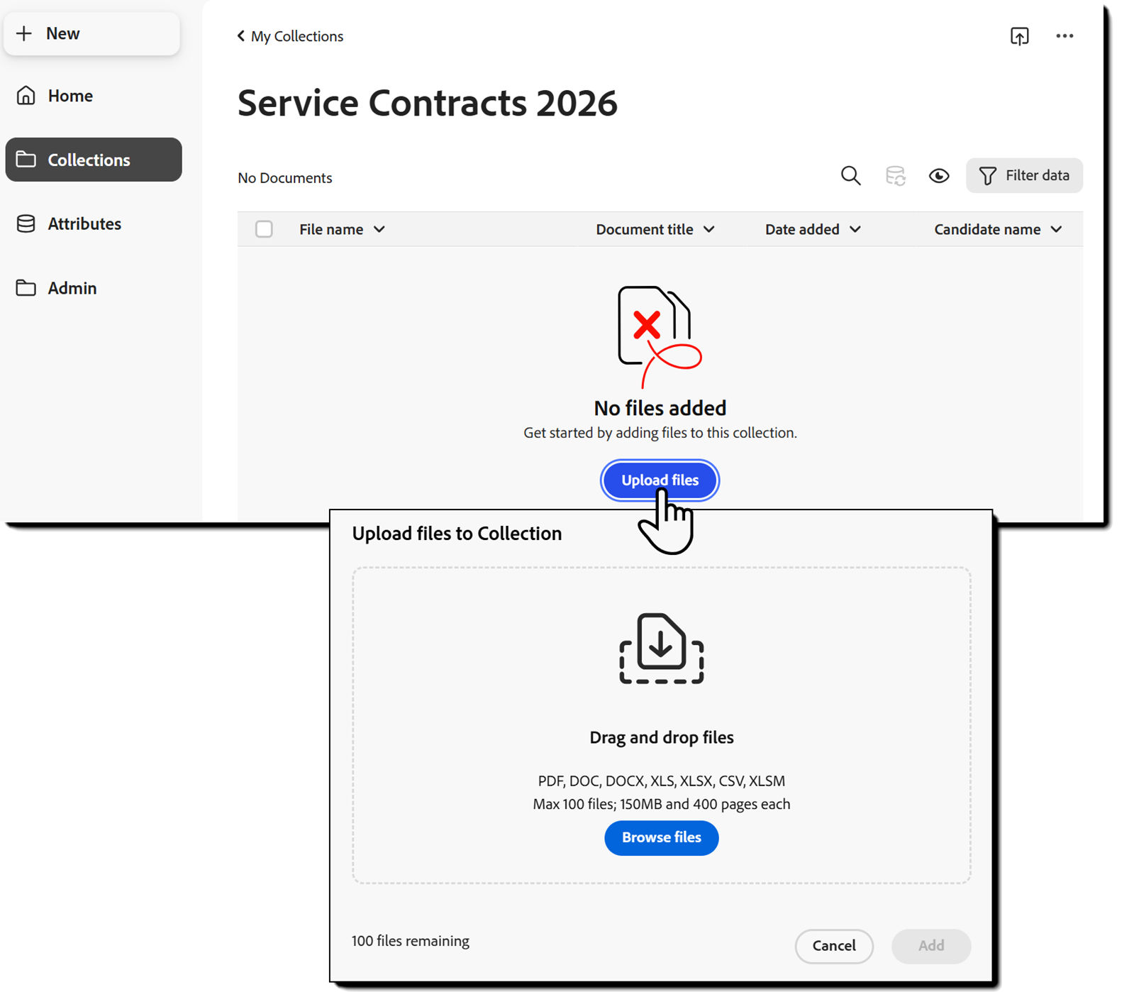 The file level view of the collection with the "Upload files" button highlighted.