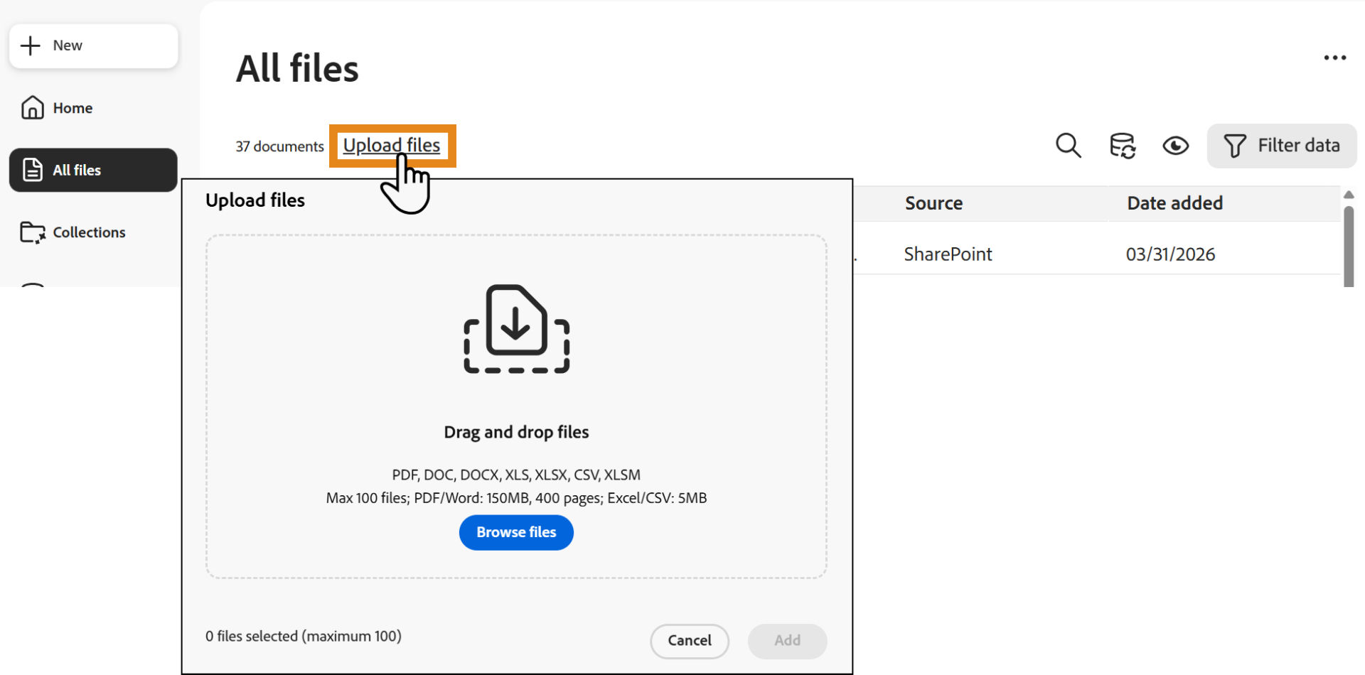Upload files panel with options to drag and drop files or browse for files on the local system.