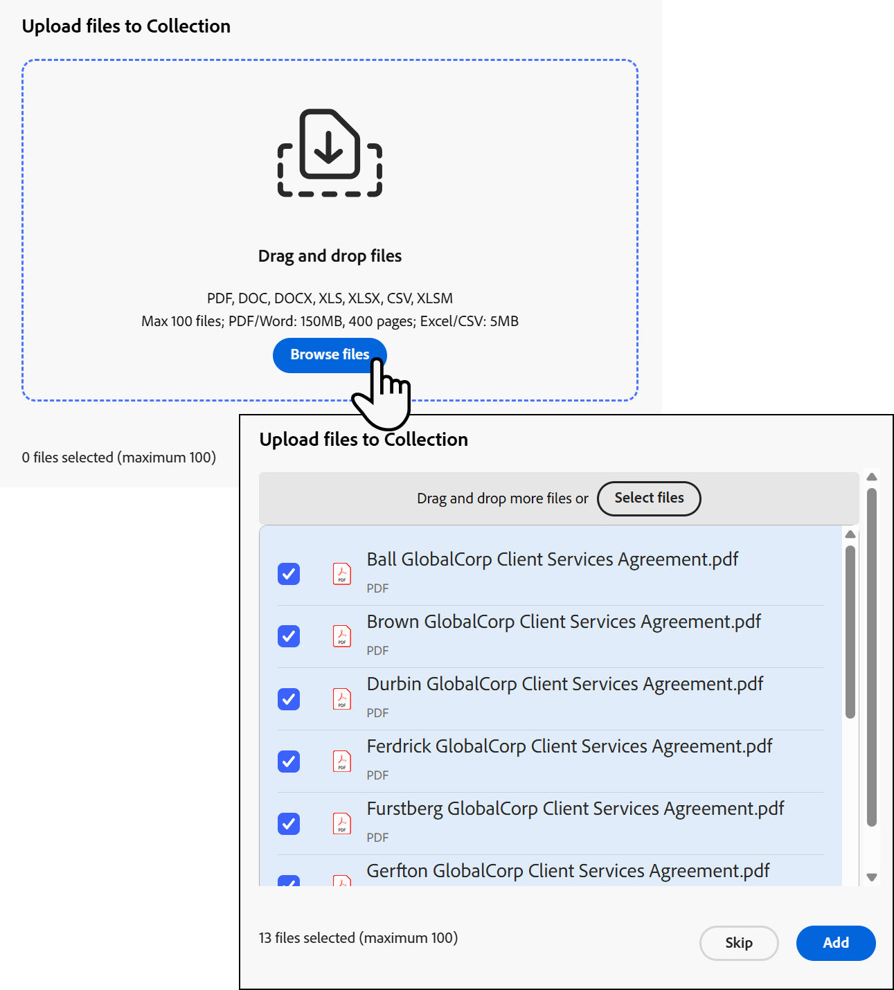 Upload files to collection panel with an inset showing the same panel populated with selected files ready to upload.