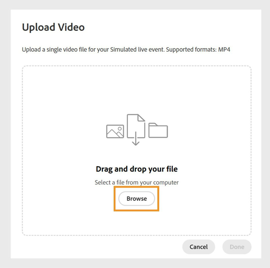Upload video pop-up window to upload the MP4 video