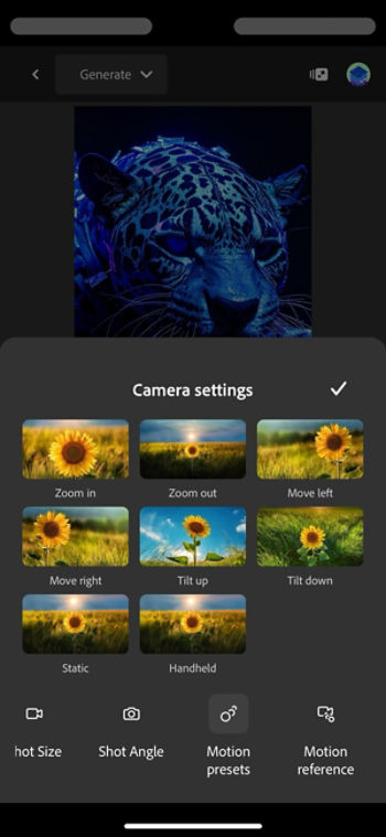 The Text to video screen displays the Motion presets menu with options such as None, zoom in, and Zoom out.