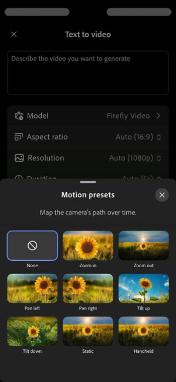 The Text to video screen displays the Motion presets menu with options such as None, zoom in, and Zoom out.