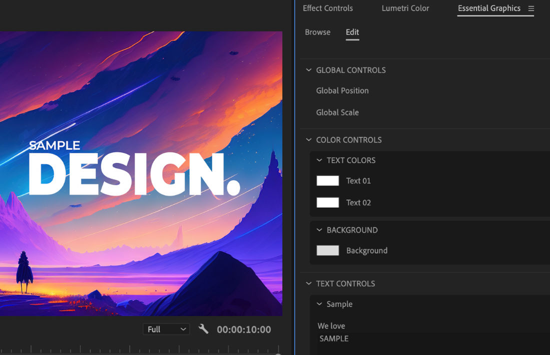 Use the Essential Graphics panel and the exposed controls to customize the Motion Graphics template. 