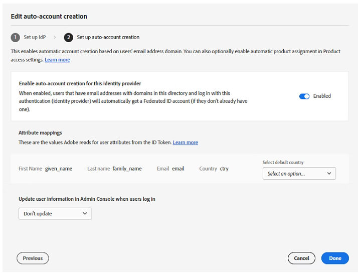 Use the toggle to enable auto-account creation for the IdP.