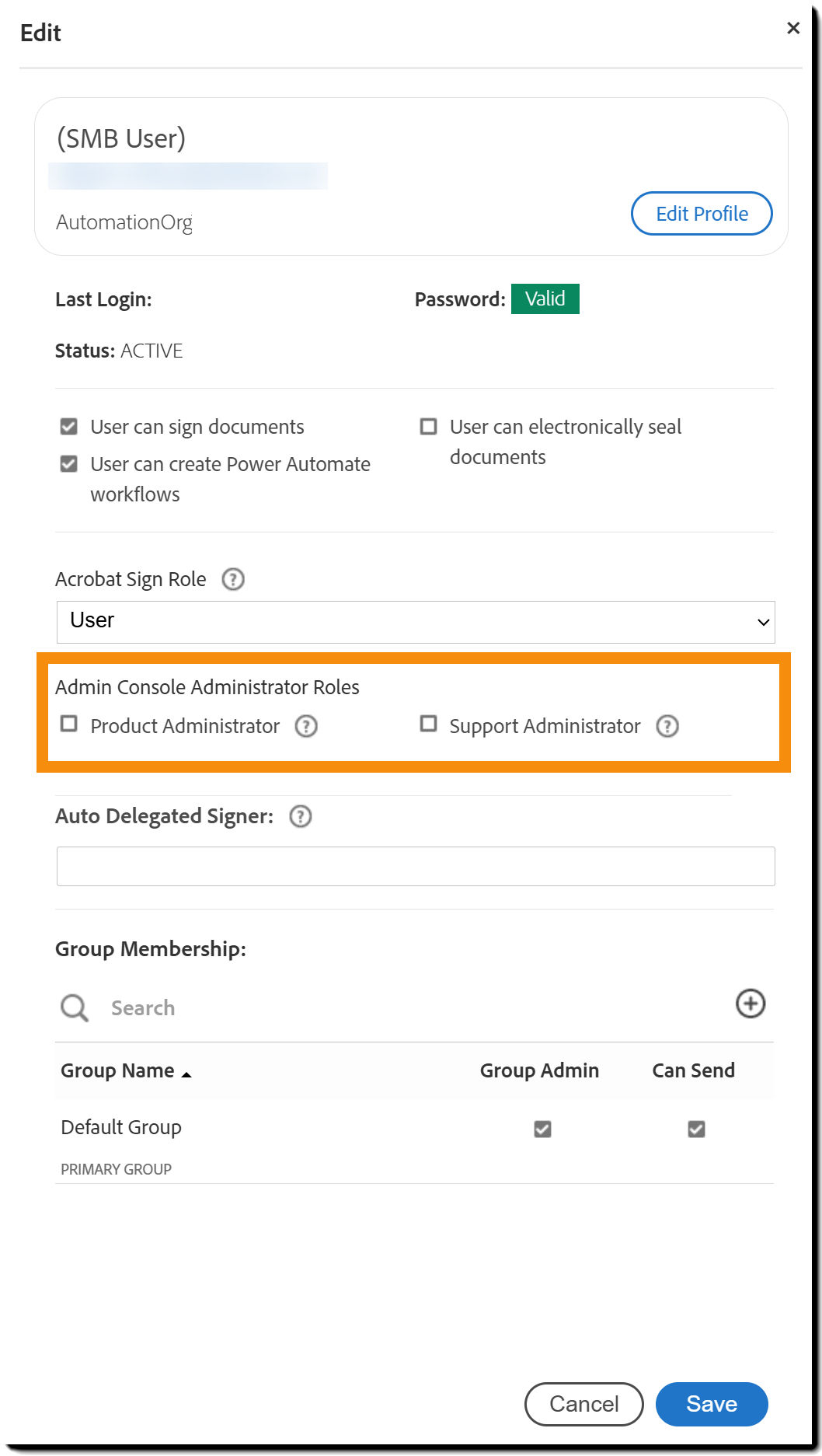 the User Profile panel with the Admin Console roles highlighted.