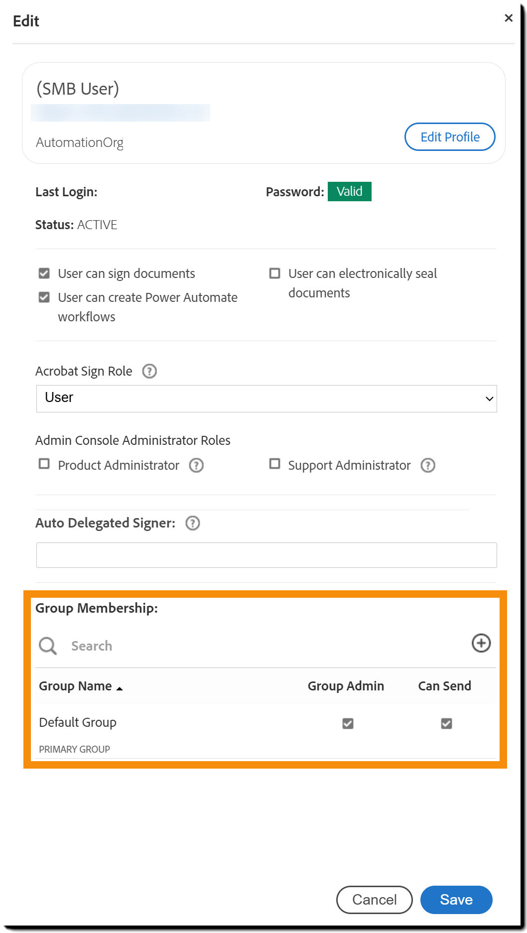 The user profile panel highlighting the Group level settings
