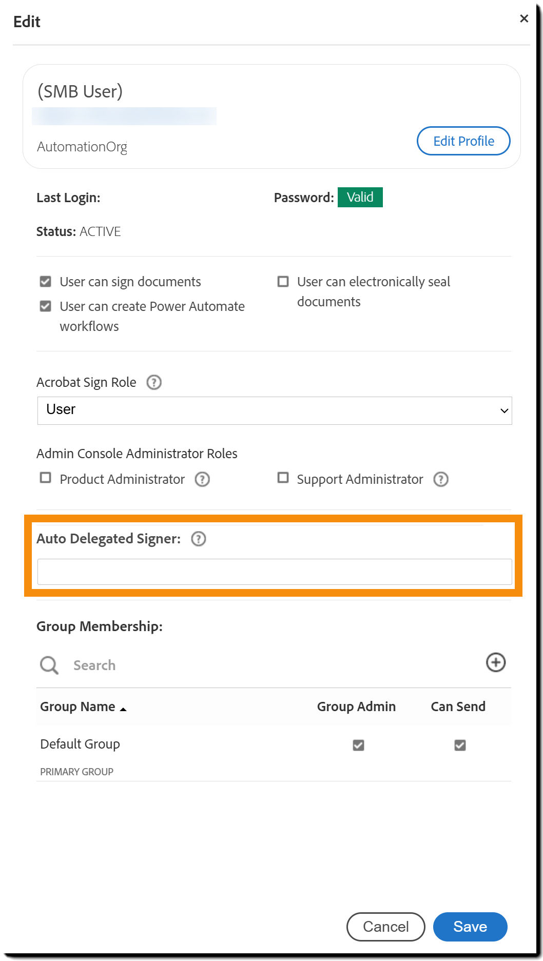 The user profile panel highlighting the Auto Delegation settings