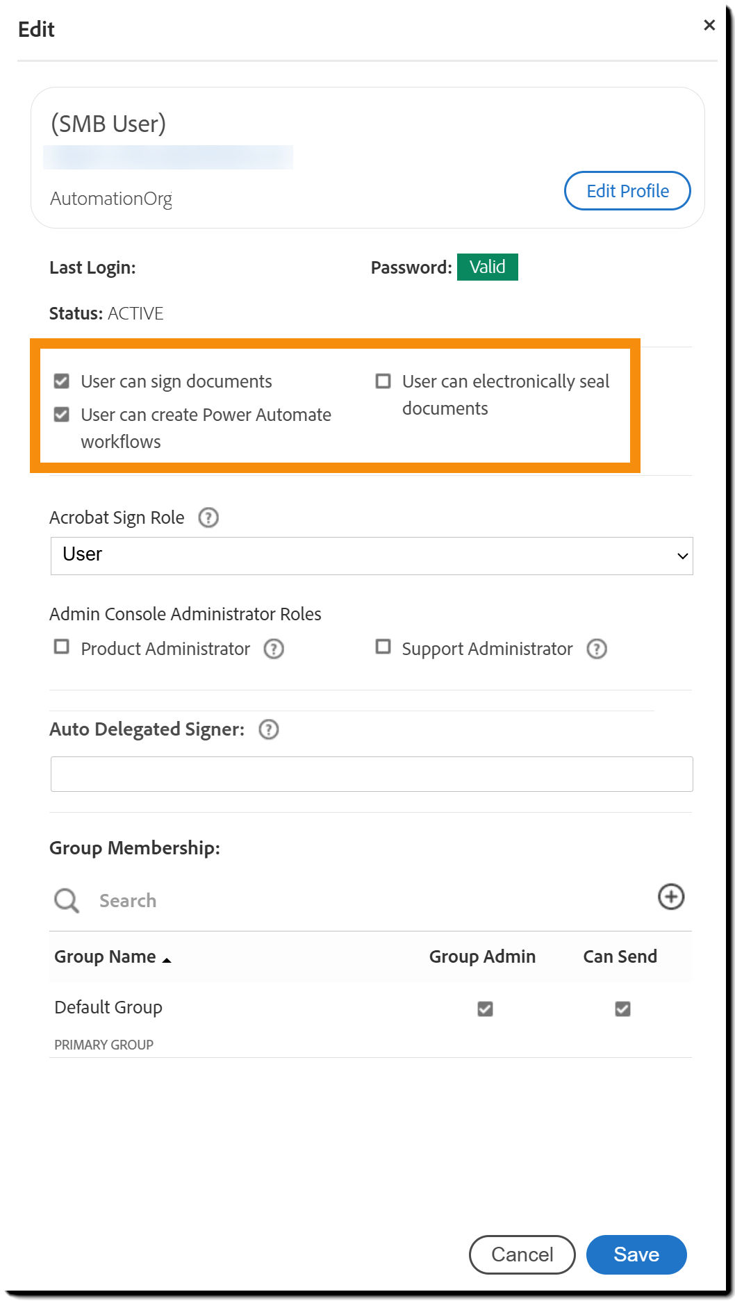 The user profile panel highlighting the signer authority options.
