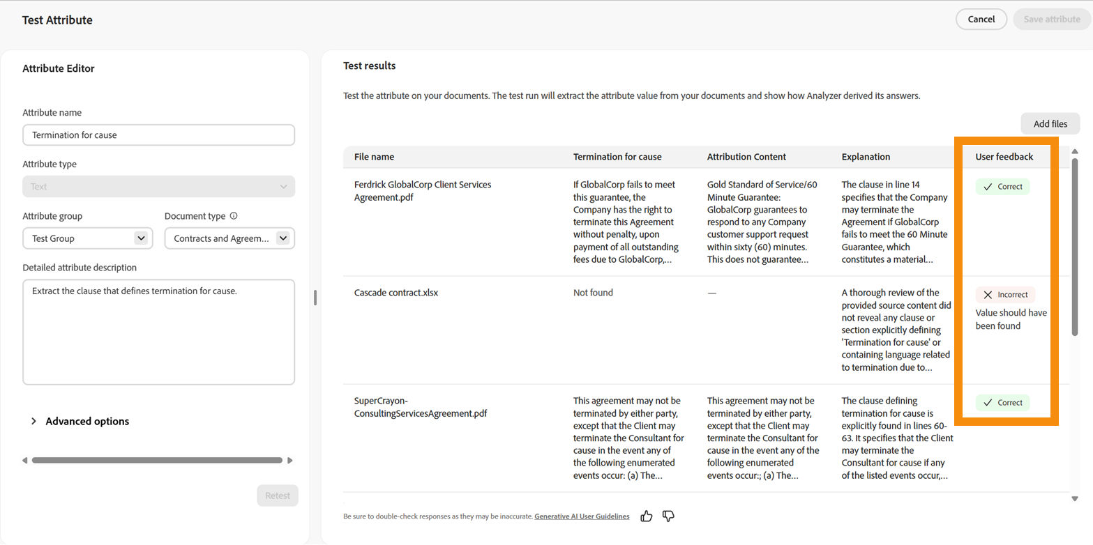 The attribute explaination page with the User feedback column highlighted.