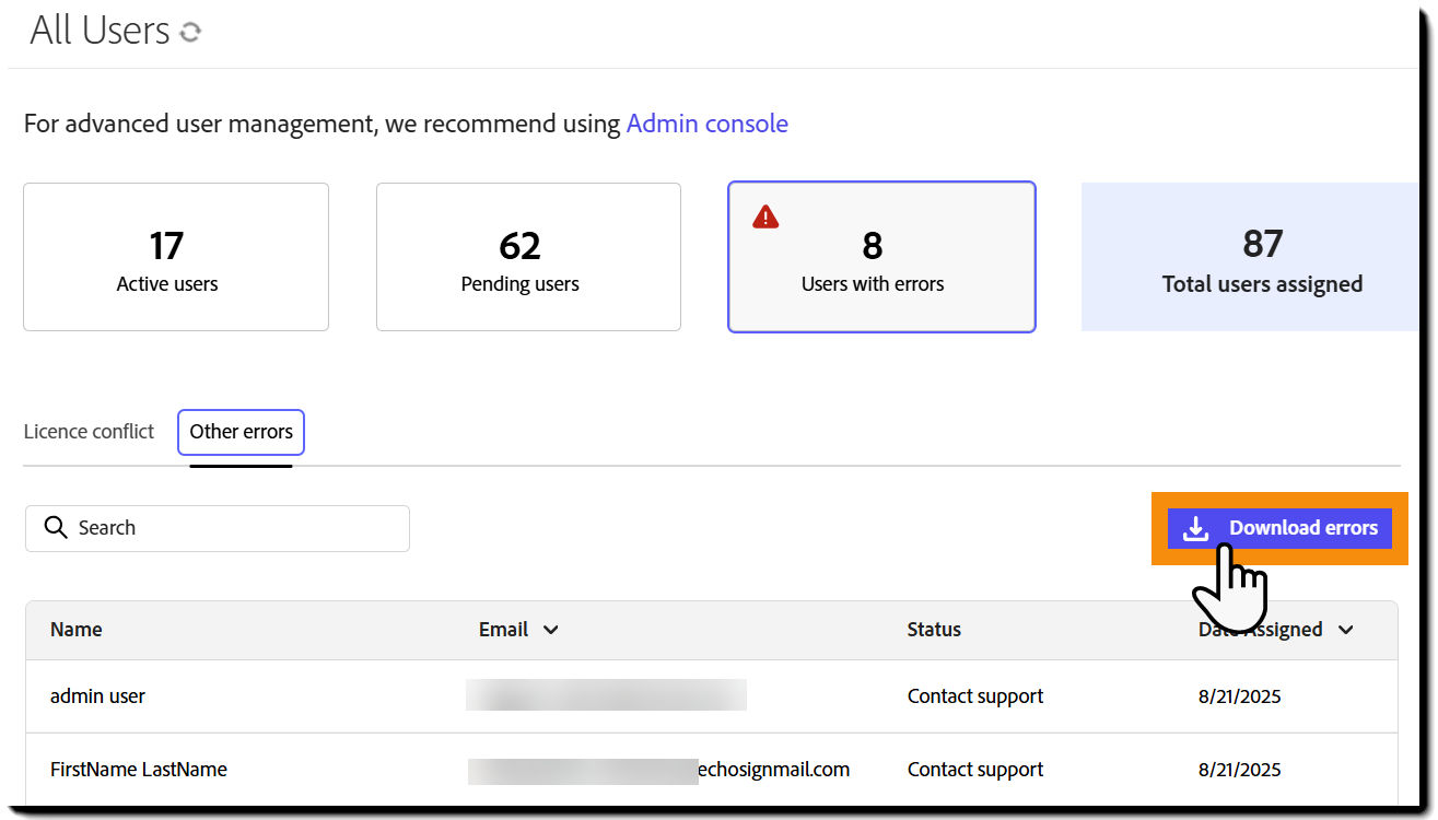 The "Users with errors" view highlighting the Download errors button.