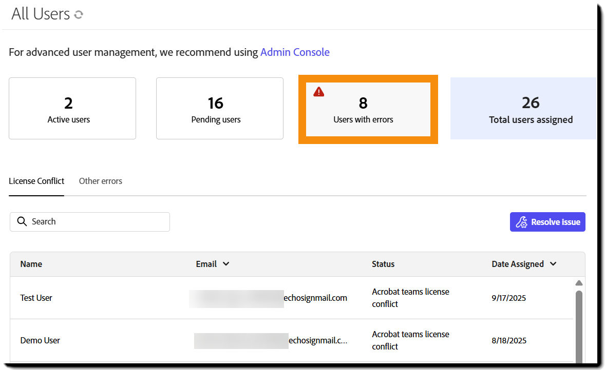 The Users page showing the Errors view