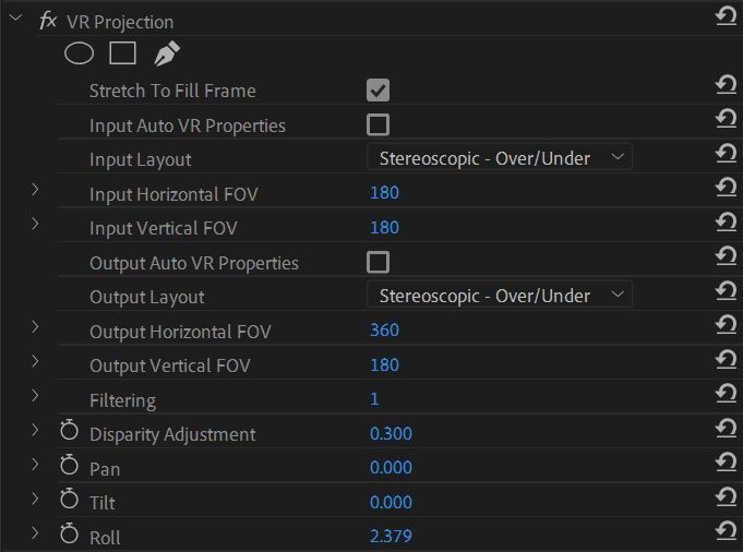 VR Projection effect options