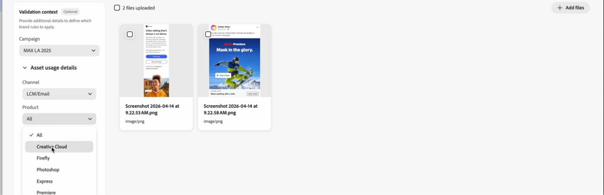 Validation workspace shows uploaded assets with a sidebar for selecting campaign, channel, and product to define validation context.