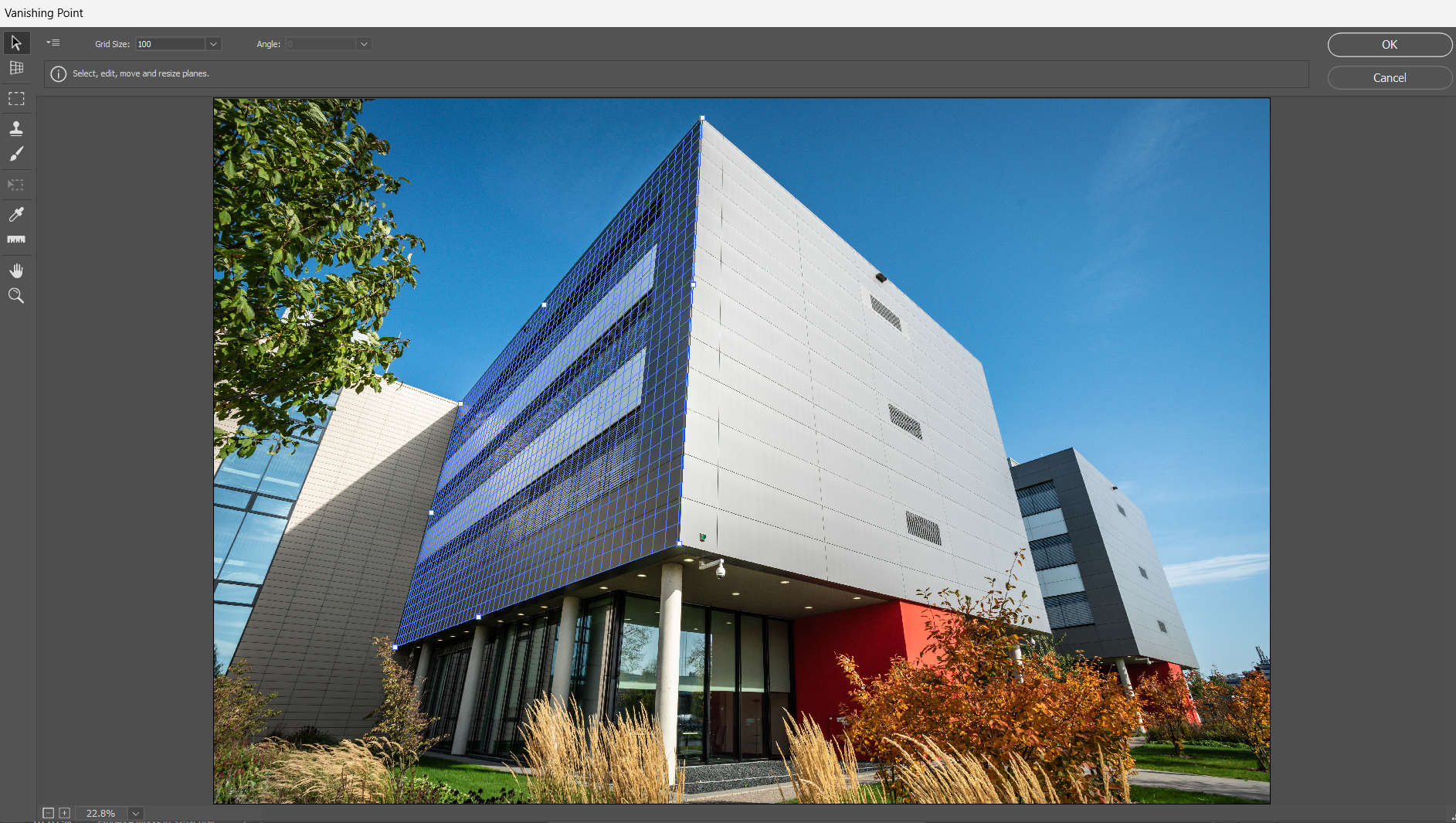 Vanishing Point options in Adobe Photoshop desktop application, displaying tool options such as edit plane, create plane, marquee, brush, stamp, transform, eyedropper, measure, hand, and zoom tools.
