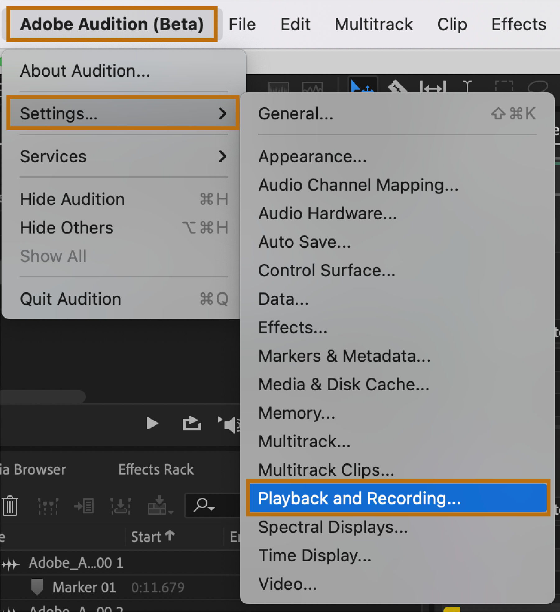 Monitoring recording and playback levels in Audition