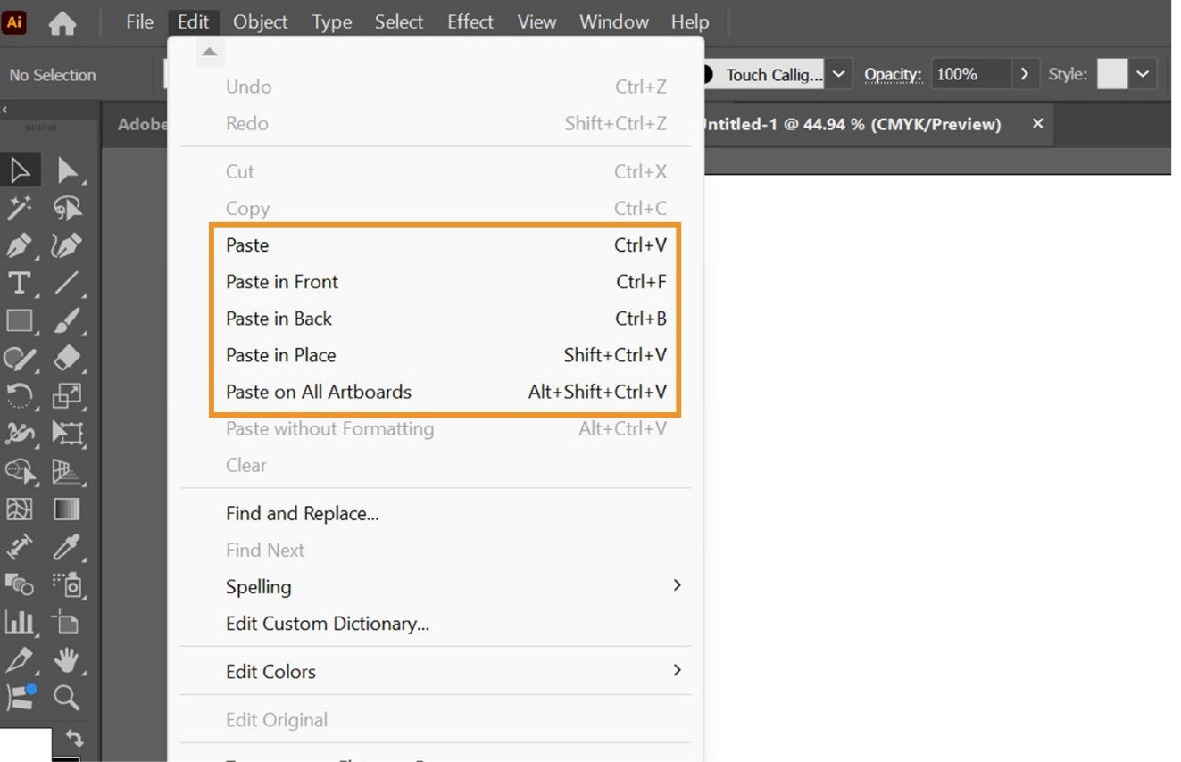 Various menu options under Edit menu such as Paste, Paste in Front, Paste in Back, Paste in Place, and more are highlighted on the screen.