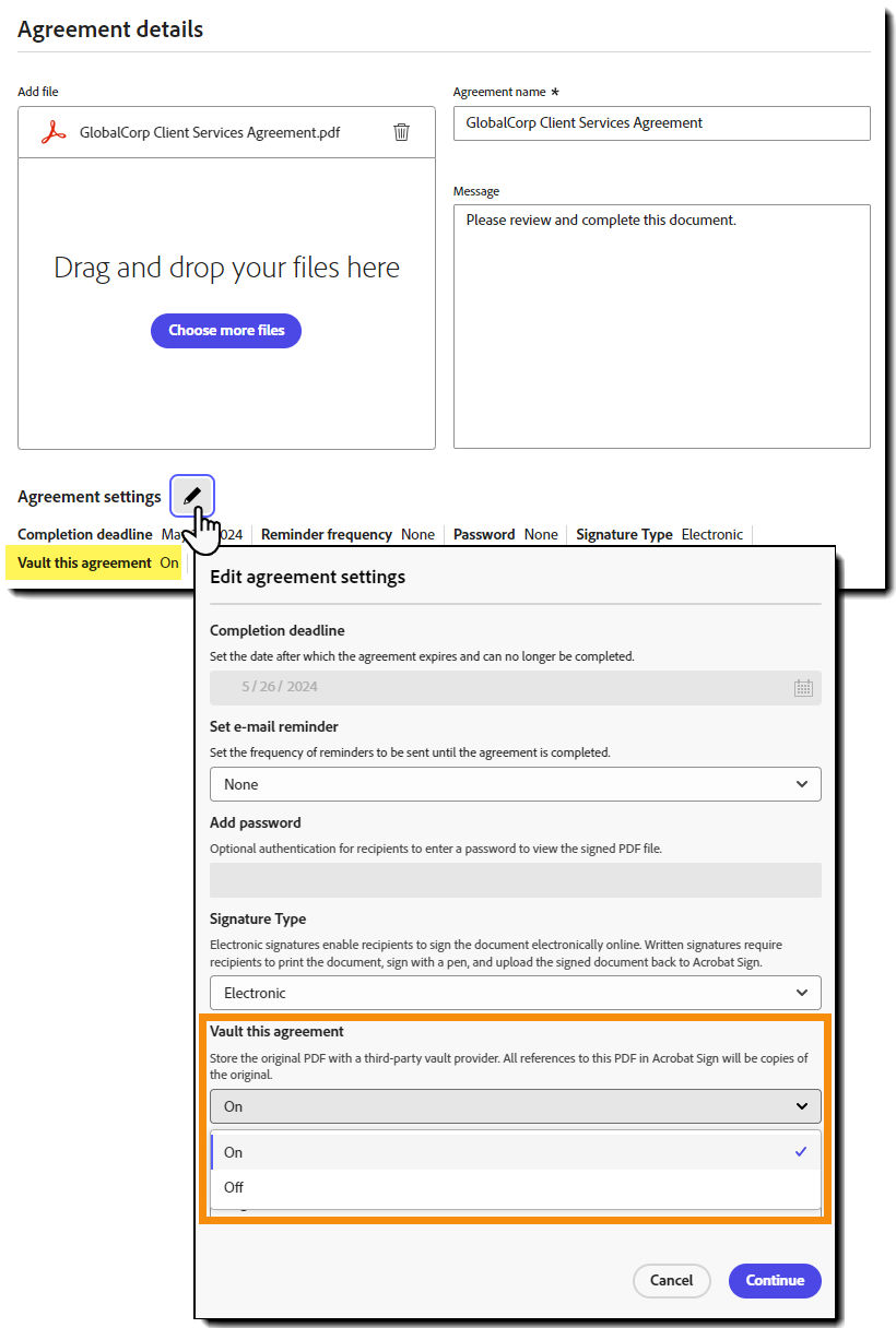 The Request Signature page highlighting the "Vault this agreement" setting in an enabled state.