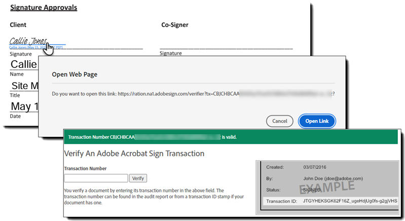 Signature and initial hyperlinks to verification page