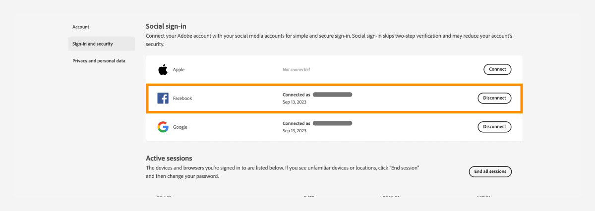 Verify that your Facebook account is connected to your Adobe account