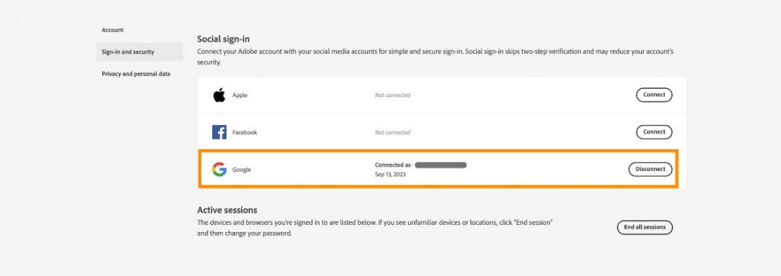 Verify that your Google account is connected to your Adobe account
