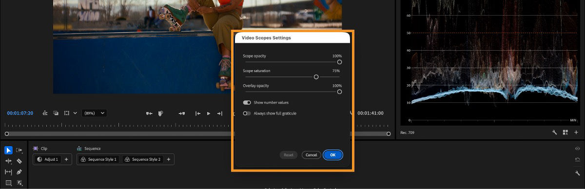 Video Scopes Settings panel showing options for opacity, saturation, and overlay controls.