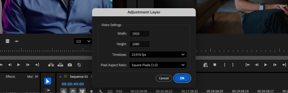 Video Settings dialog for creating a new adjustment layer with sequence-matched settings.