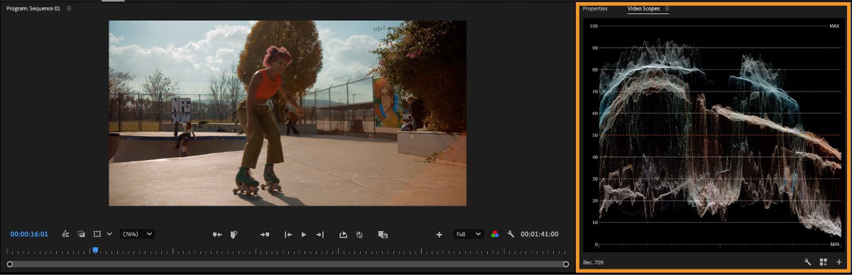 Video scopes panel displaying waveform alongside the video preview in Color mode.