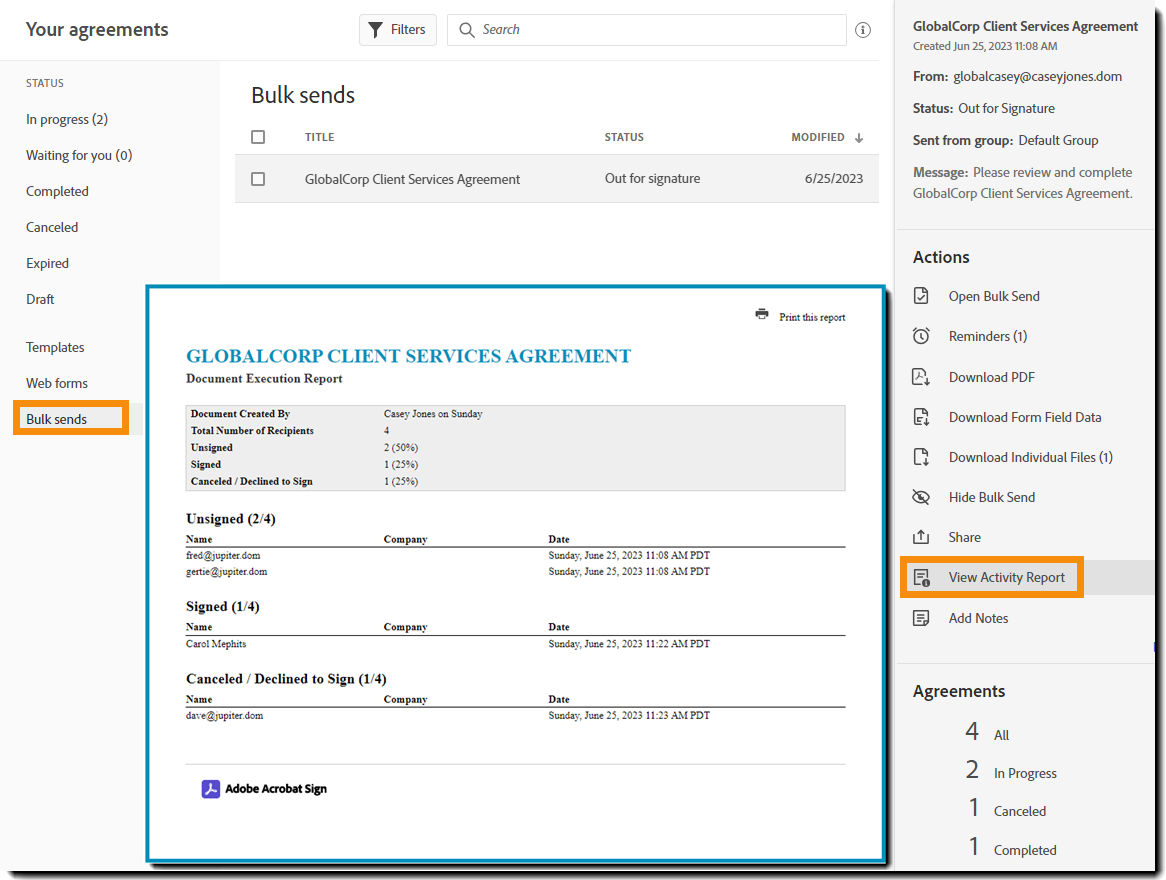 The Manage page with the View Activity Report action highlighted and a sample Activity Report exposed