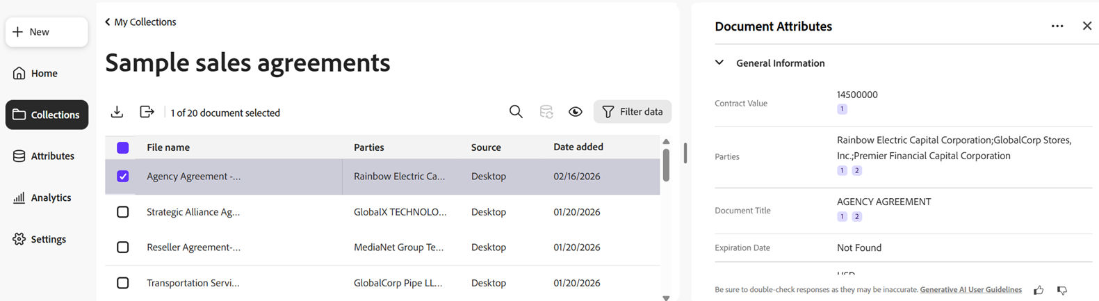 The Document page with one file selected, and the the document attributes exposed.