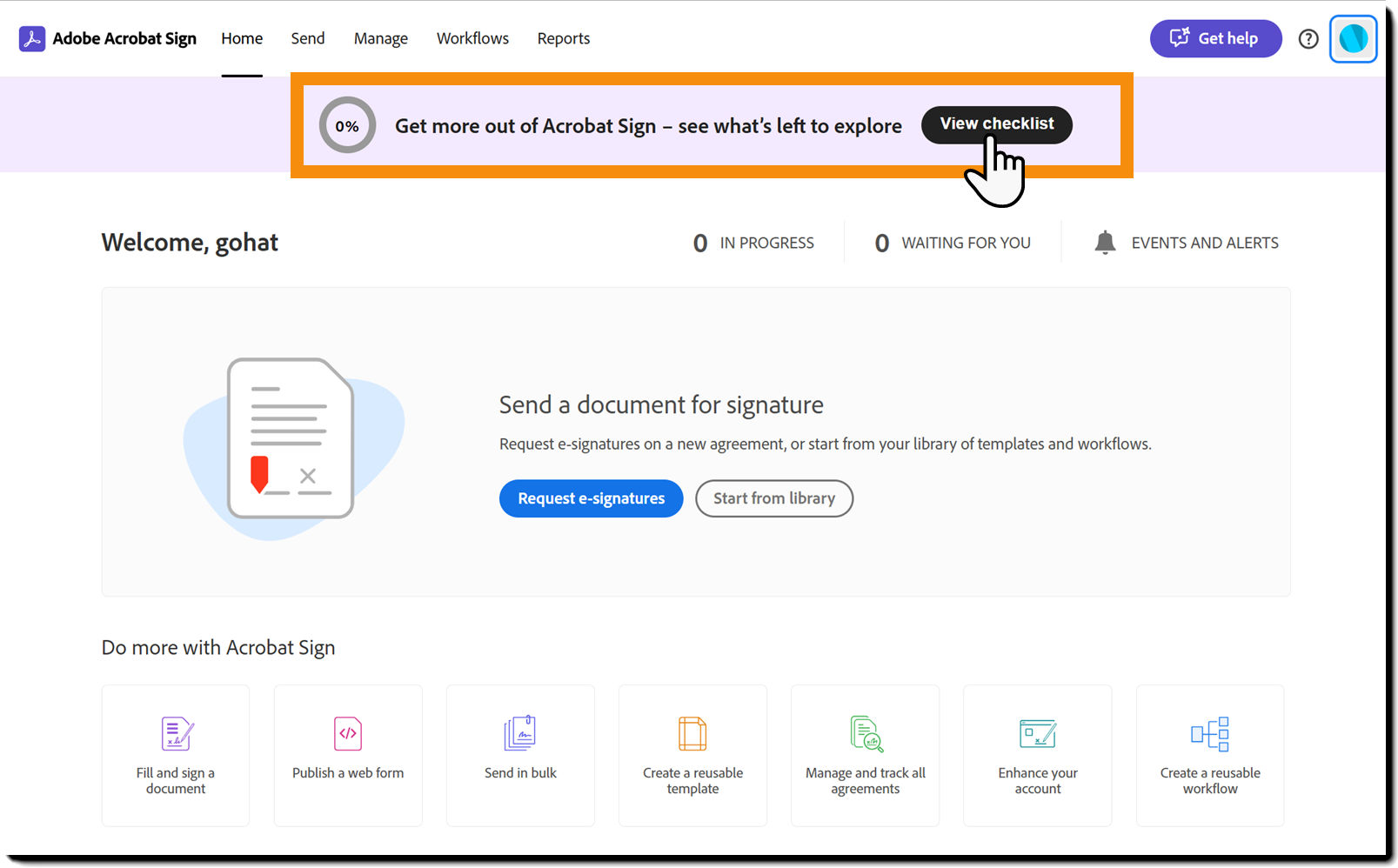 The Get Started banner at the top of hte Home page