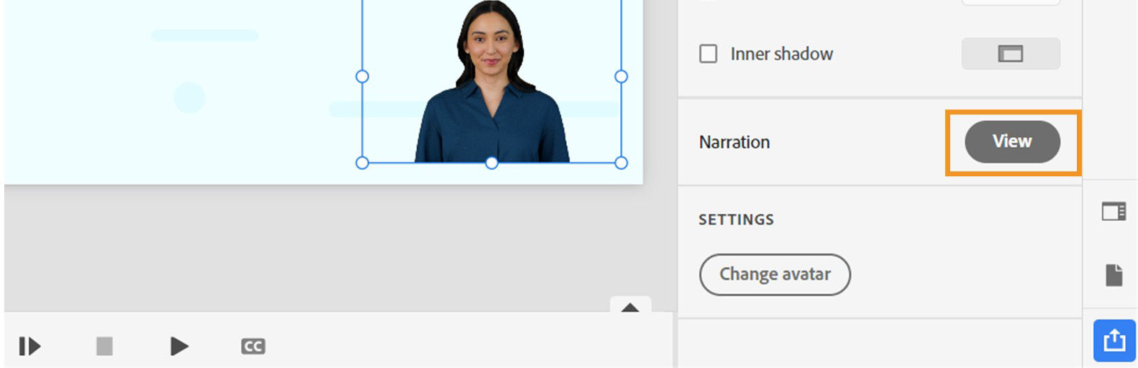 View existing transcripts on a slide from Visual properties on selecting the avatar