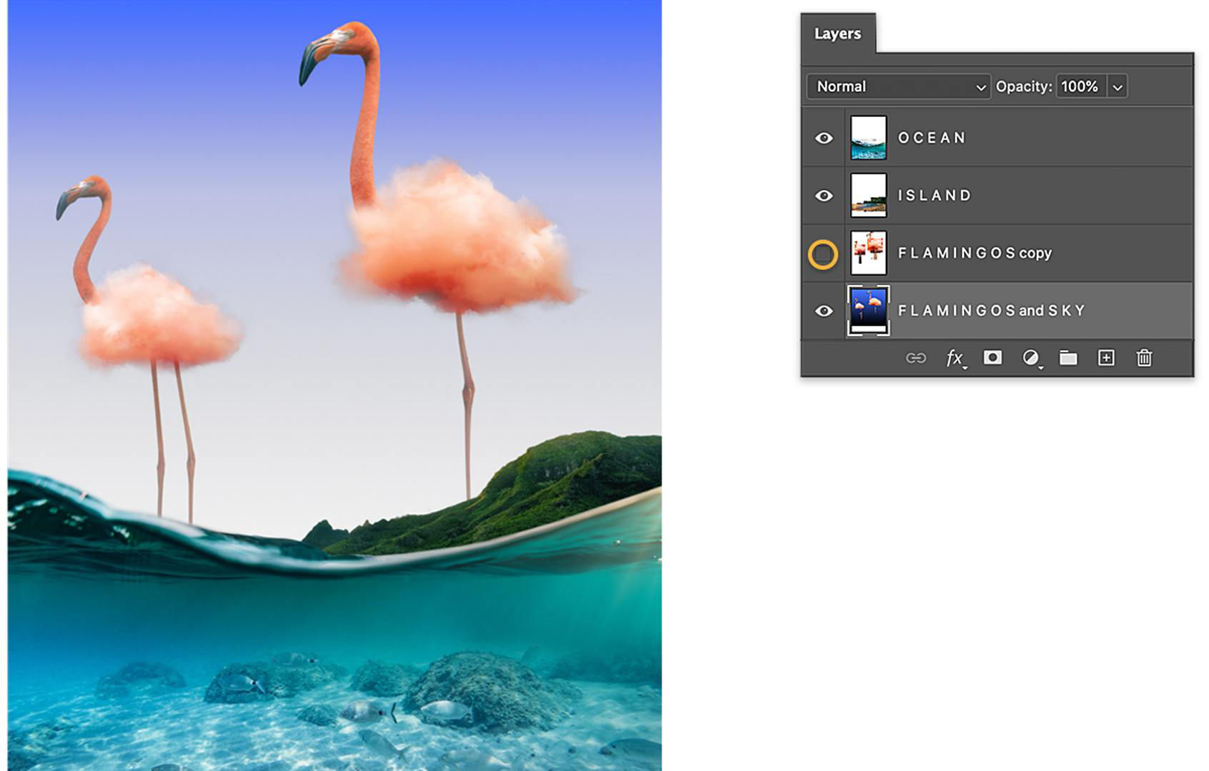 View partially below water, flamingos in a mountain lake scene, Layers panel has 4 layers with flamingos copy hidden.