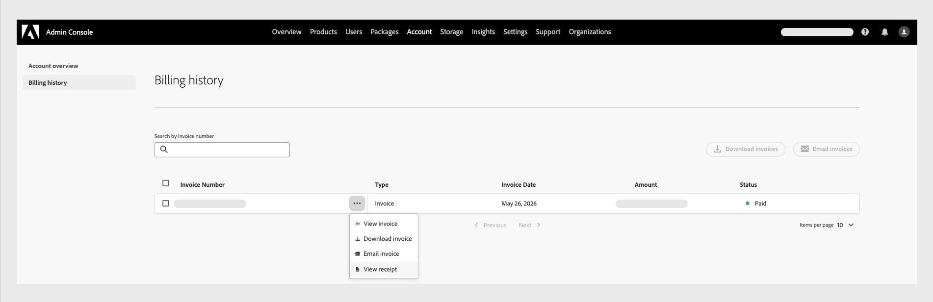 Billing history section in the Adobe Admin console account tab showing three-dot menu with View receipt option.