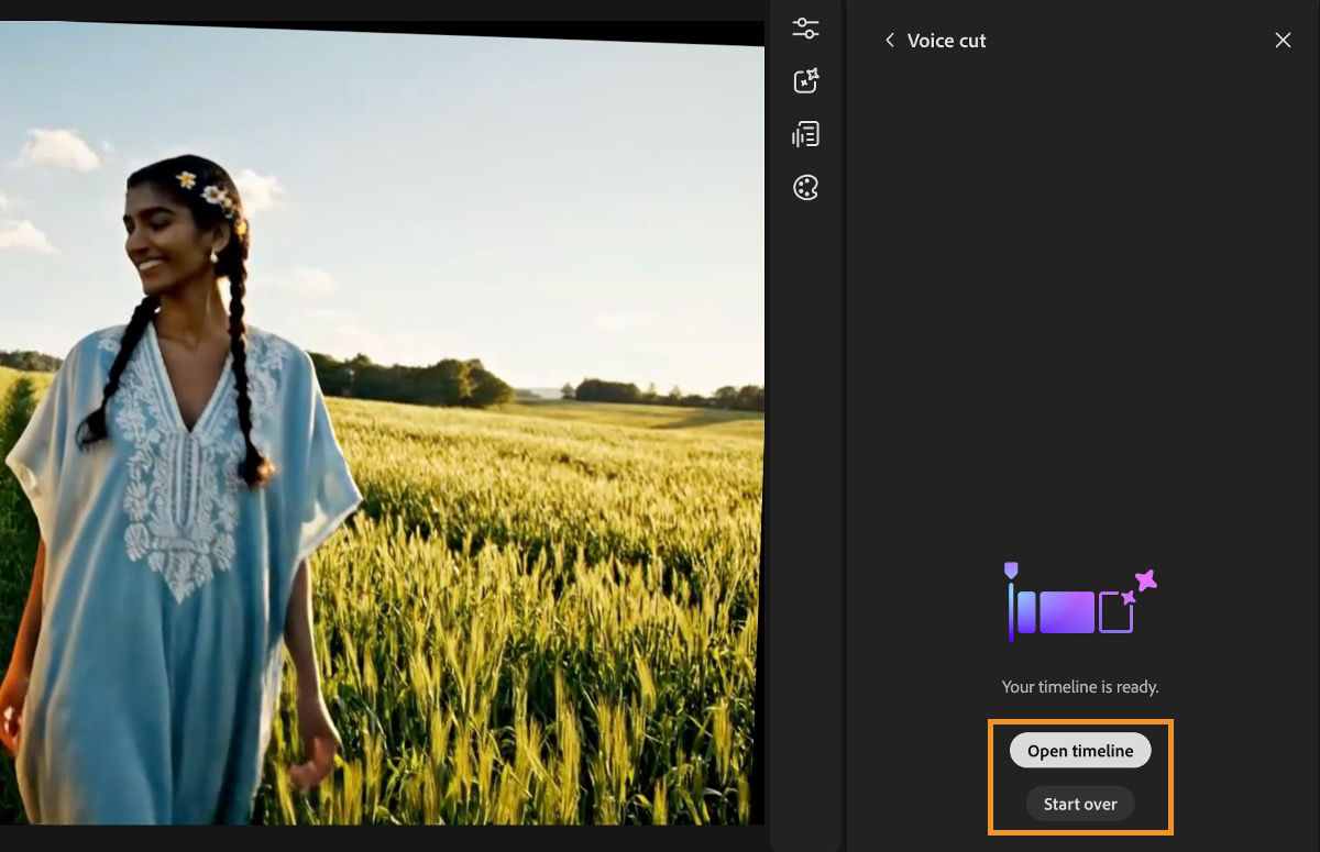 Voice cut panel displays Open timeline and Start over options after processing is complete.