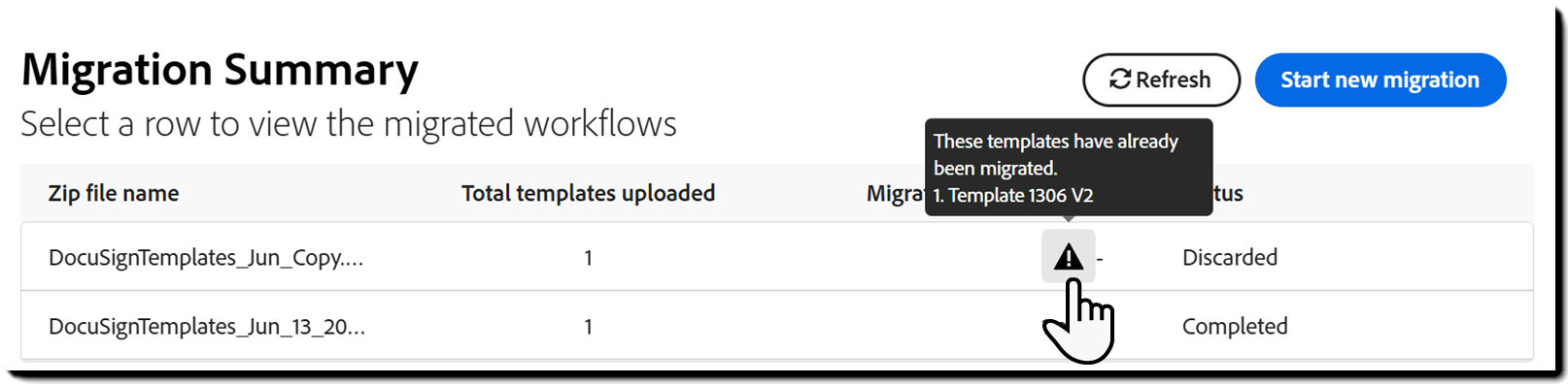 Migrate Templates error icon