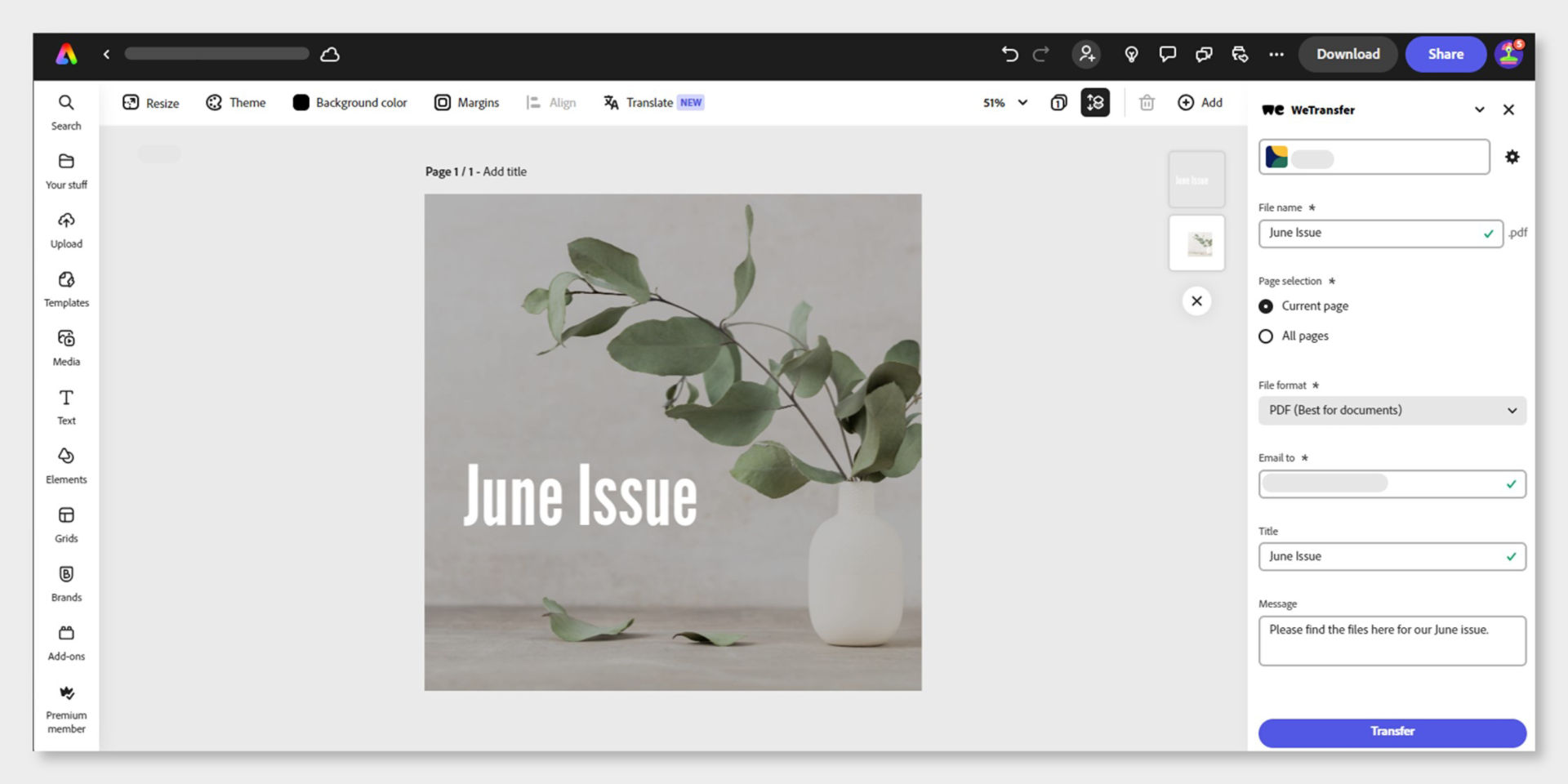 Adobe express editor is open with a template for june issues. the right panel shows the WeTransfer add-on panel open with details of the PDF file being sent by email.