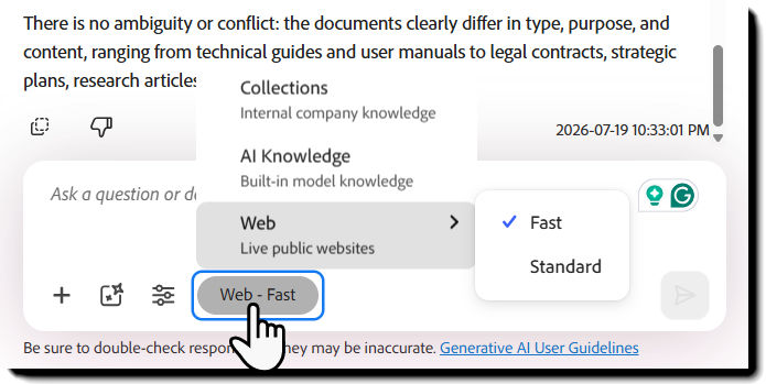 AI Assistant source selector showing Fast and Standard web search modes.