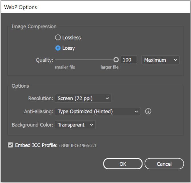 WebP export options