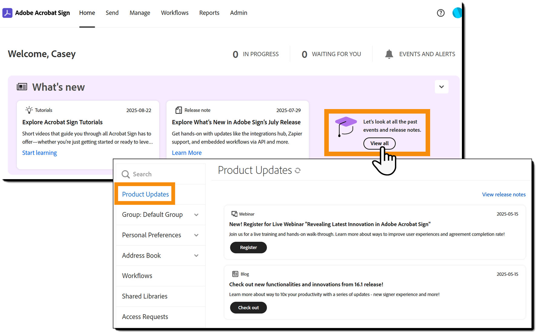 The Home page with the Product Updates page inset.