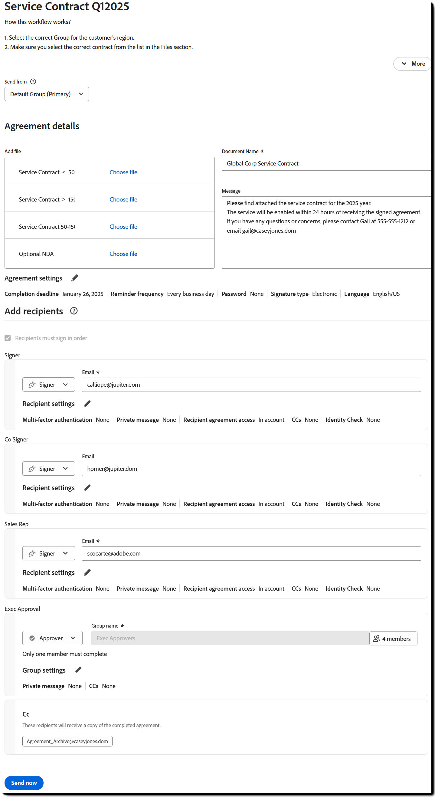 Workflow configured agreement