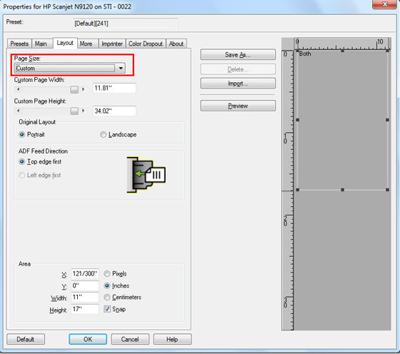 Windows Page size pop-up menu