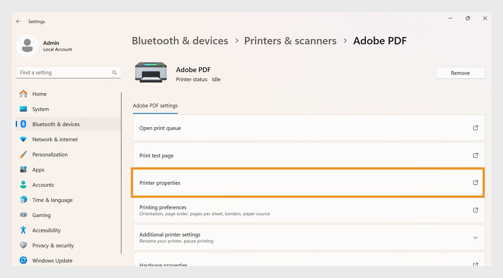 Windows 11 Settings window shows Adobe PDF printer settings such as Open print queue, Printer properties, Printing preferences, and more. 