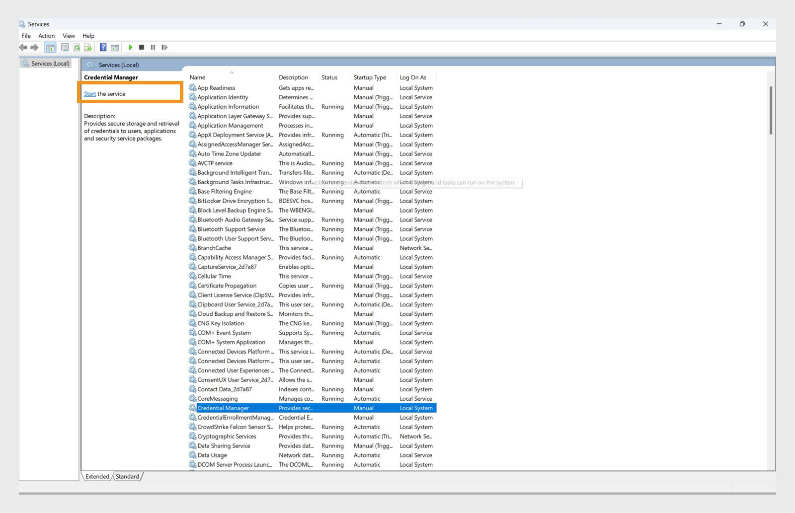 Windows Services window showing the Credential Manager service and the Start option.