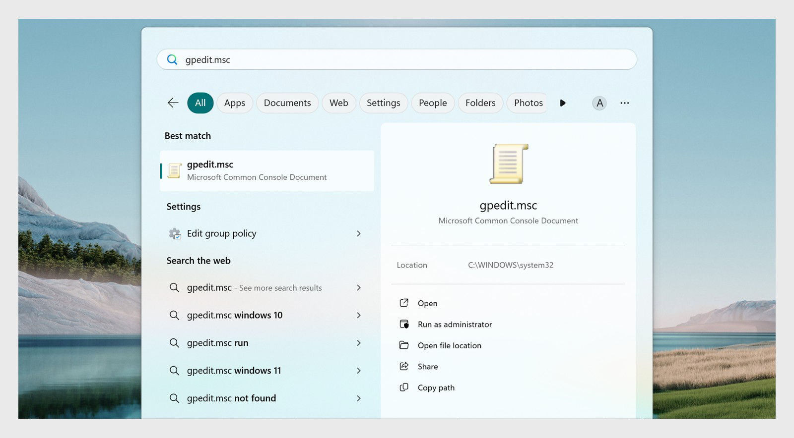 Windows search bar displays the Group Policy Editor or gpedit.msc file.