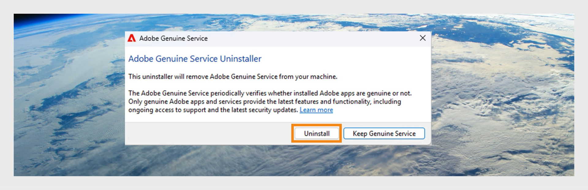 Adobe Genuine Service Uninstaller with the Uninstall button highlighted.