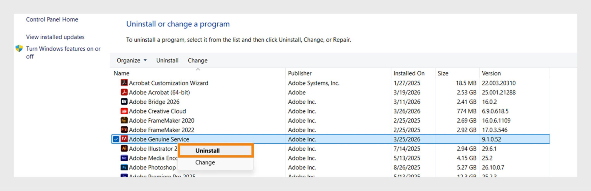 Windows Control Panel with the Uninstall option highlighted in the context menu.